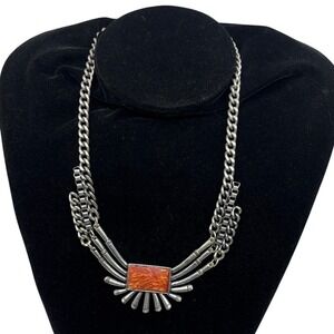 Silver Tone Bib Statement Necklace Orange Faux Amber Resin Sunburst Boho Tribal